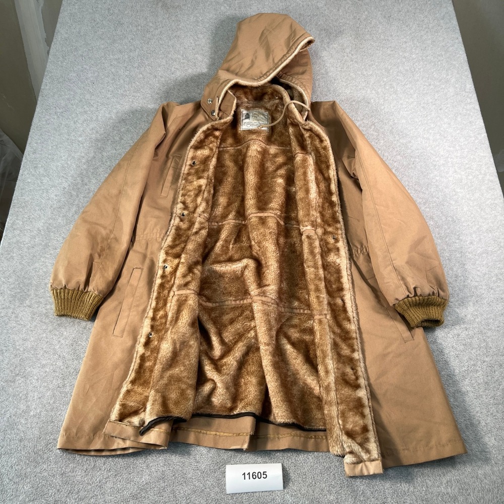 London Fog Mod Coat Womens 18 Tan Removable Faux Fur Liner Snap Front Hooded
